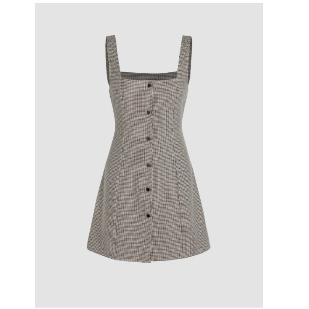 Houndstooth Square Neck Button Up Mini Dress
